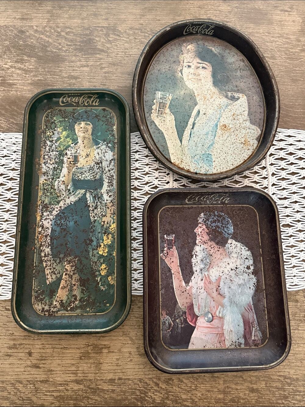 Vintage 70s Coca-Cola Metal Advertising Lady Rustic Patina Distressed Tray Set